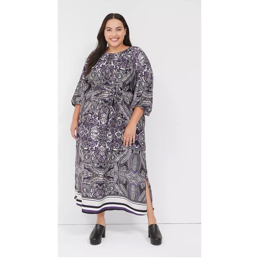 Lane Bryant Maxi Blouson Dress Balloon Sleeve Paisley Modest Boho 16